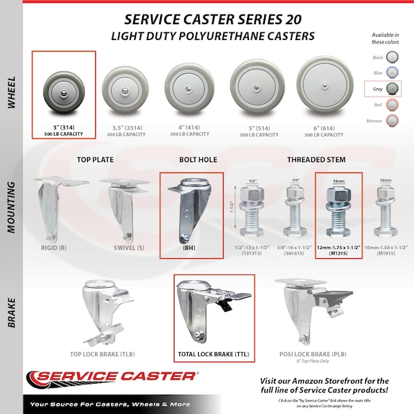 Service Caster 3 Inch SS Gray Polyurethane 12mm Threaded Stem Caster Set Total Lock Brake SCC-SSTSTTL20S314-PPUB-M1215-4 - main
